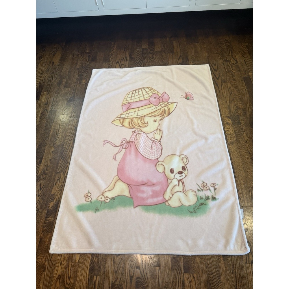 Precious Moments Plush Blanket Pink Girl Praying with Teddy Bear